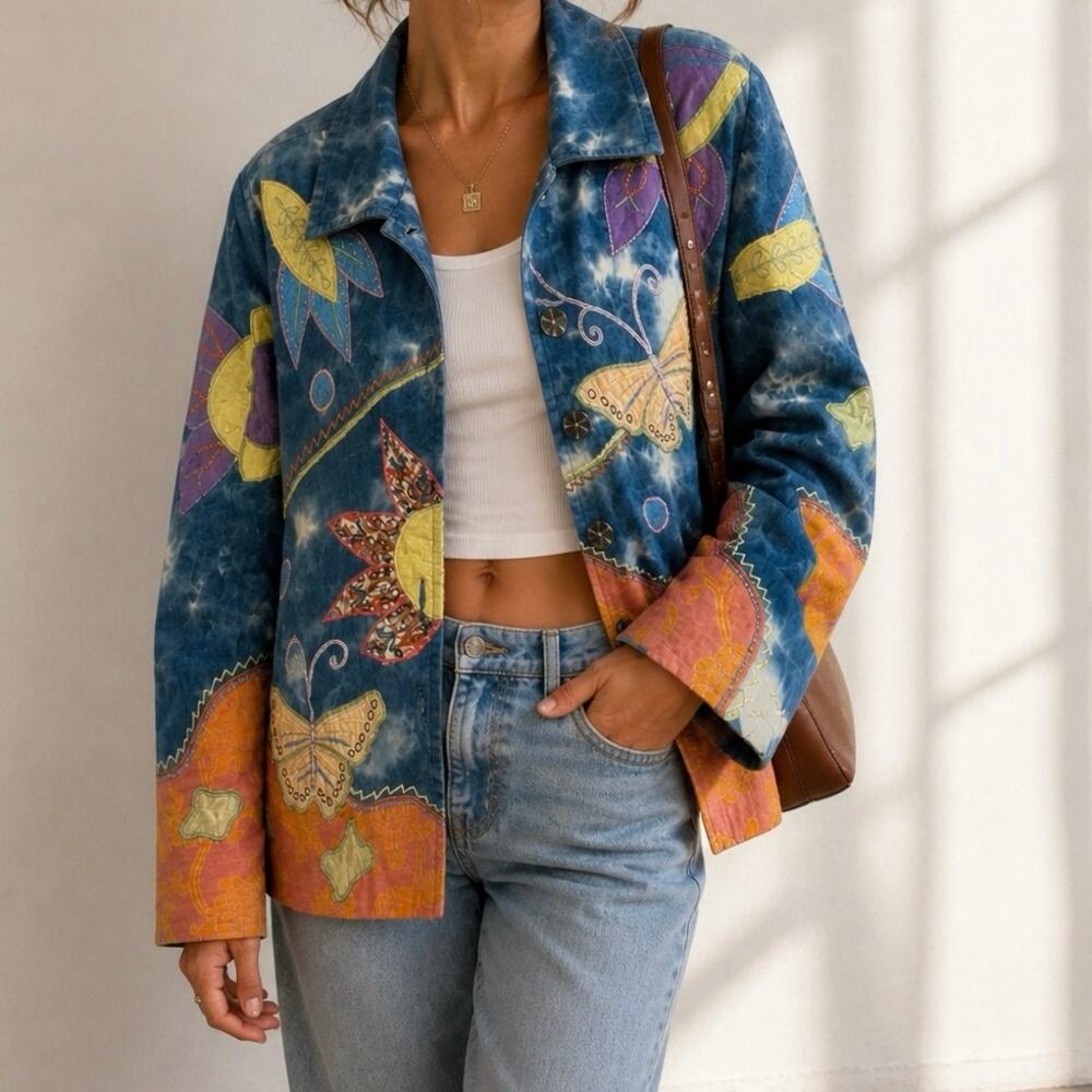 Indigo Moon Cotton Patchwork Butterfly Celestial Denim Jacket XL Boho Festival